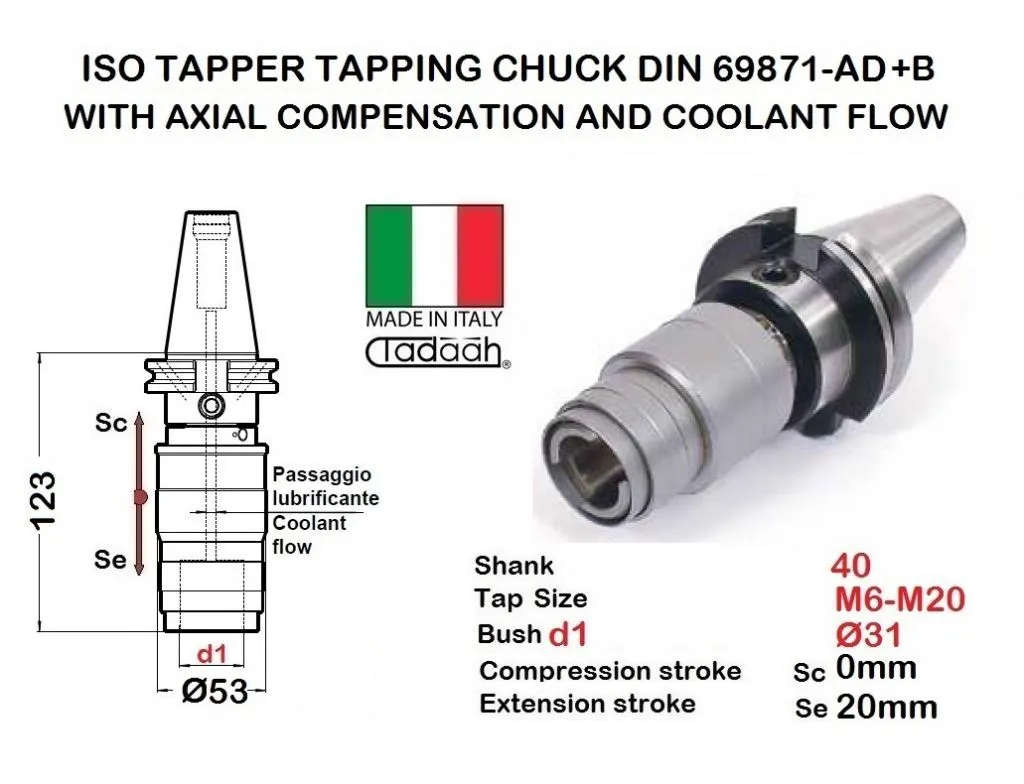 TD0136MARIISO06 Maschiatore con refrigerazione interna attacco ISO40 con compensazione assiale, DIN 69871-AD+B, M6-M20  