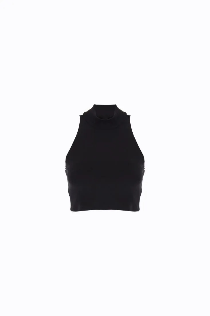Top cropped monocolour smanicato a collo alto