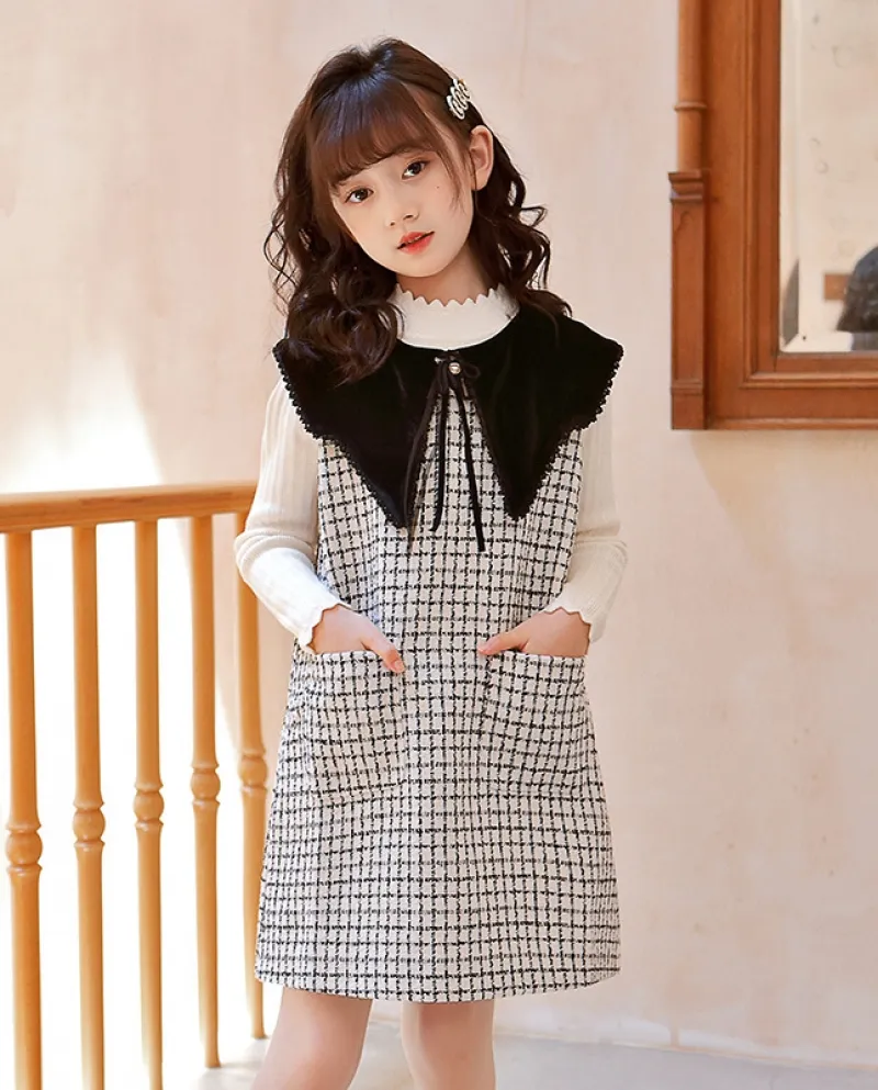 Vestiti per ragazze Autunno Nuovo maglione sopra il ginocchio Gilet pied de poule Abito in due pezzi