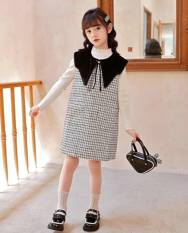 Vestiti per ragazze Autunno Nuovo maglione sopra il ginocchio Gilet pied de poule Abito in due pezzi