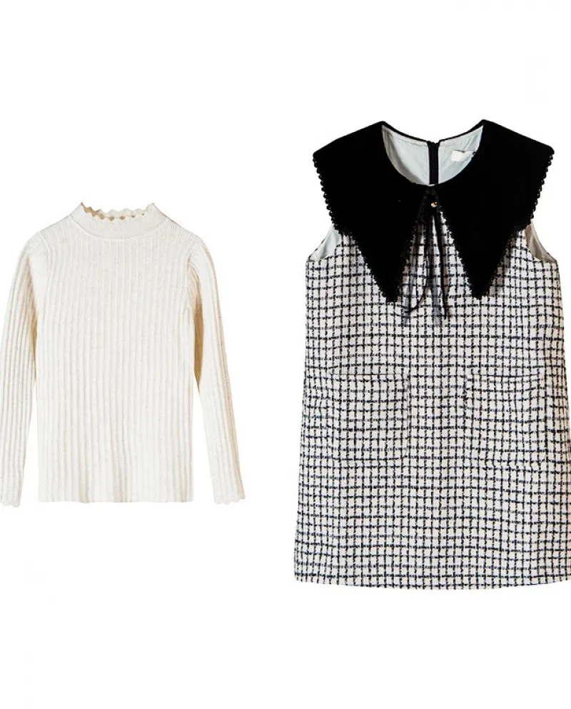 Vestiti per ragazze Autunno Nuovo maglione sopra il ginocchio Gilet pied de poule Abito in due pezzi