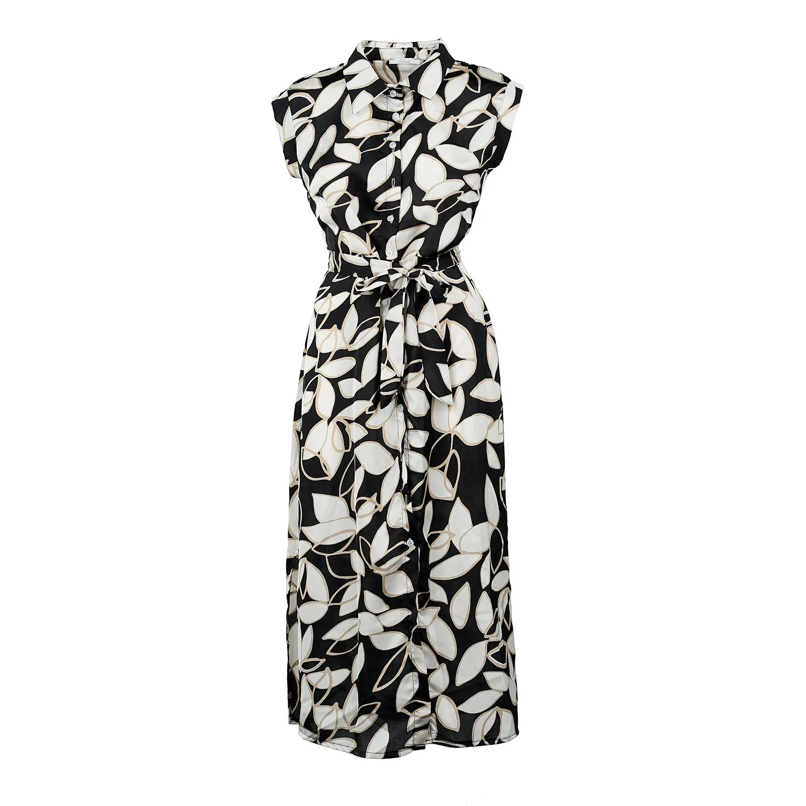 Vestito midi nero e bianco senza maniche con bottoncini e fusciacca