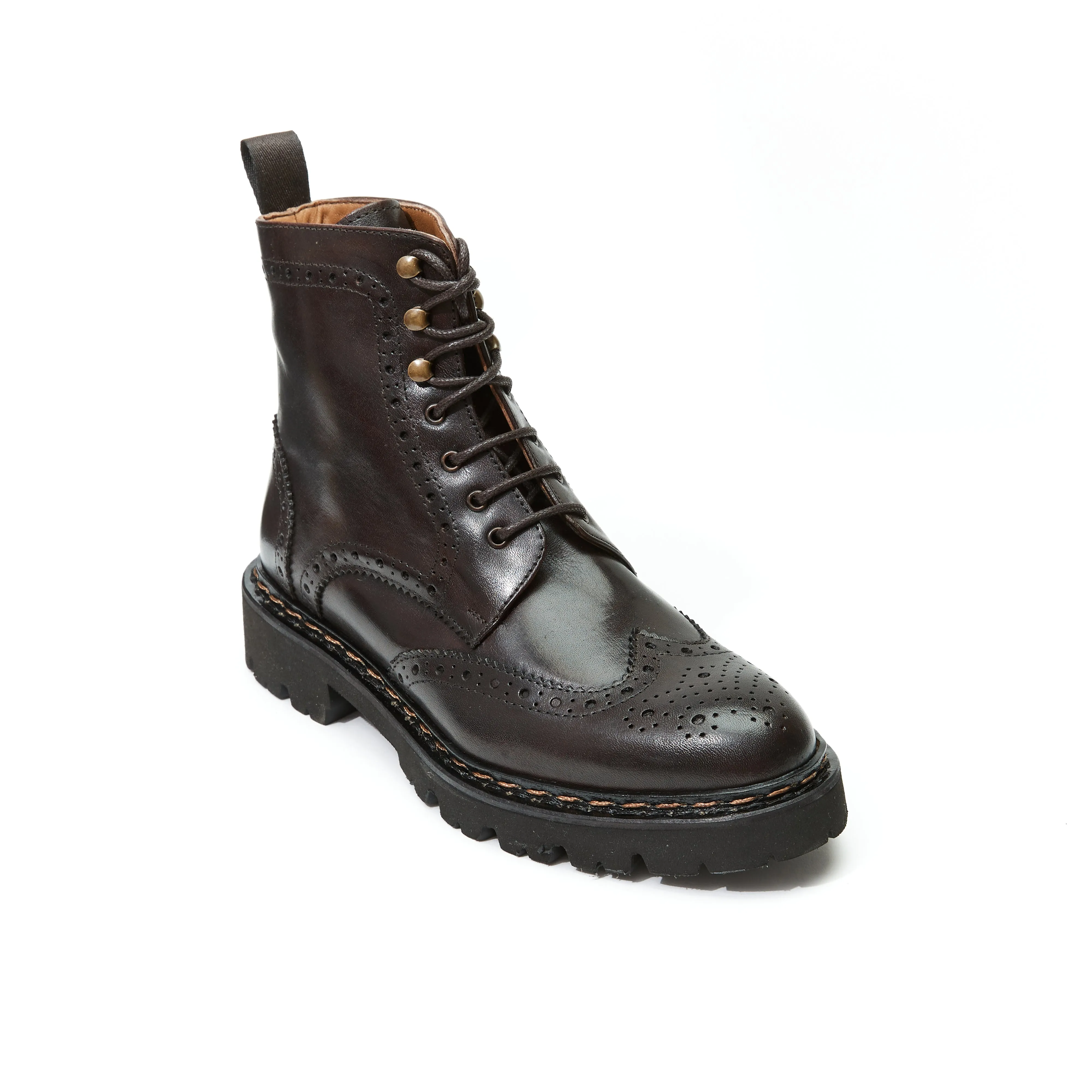 Wing tip derby boot dark brown