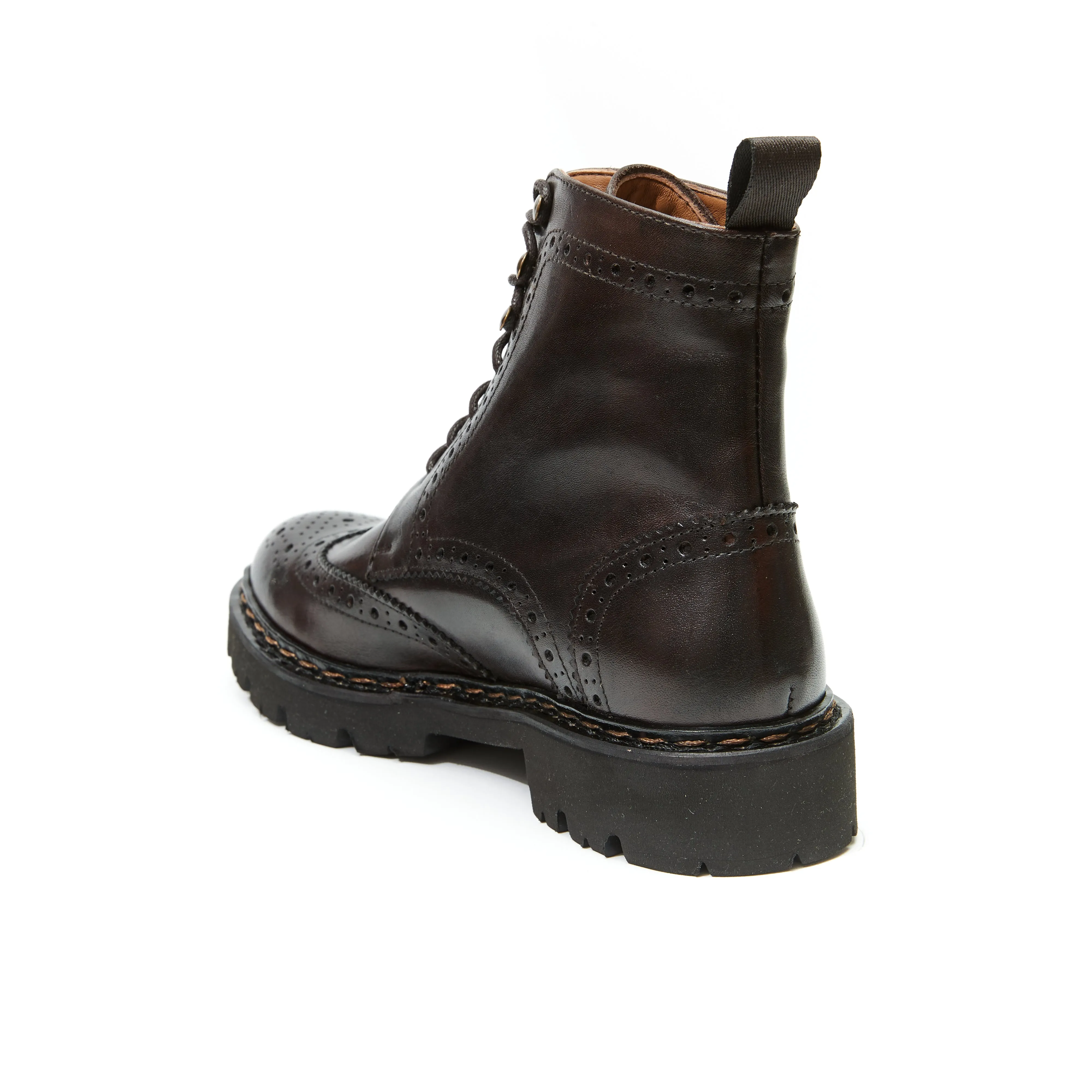 Wing tip derby boot dark brown