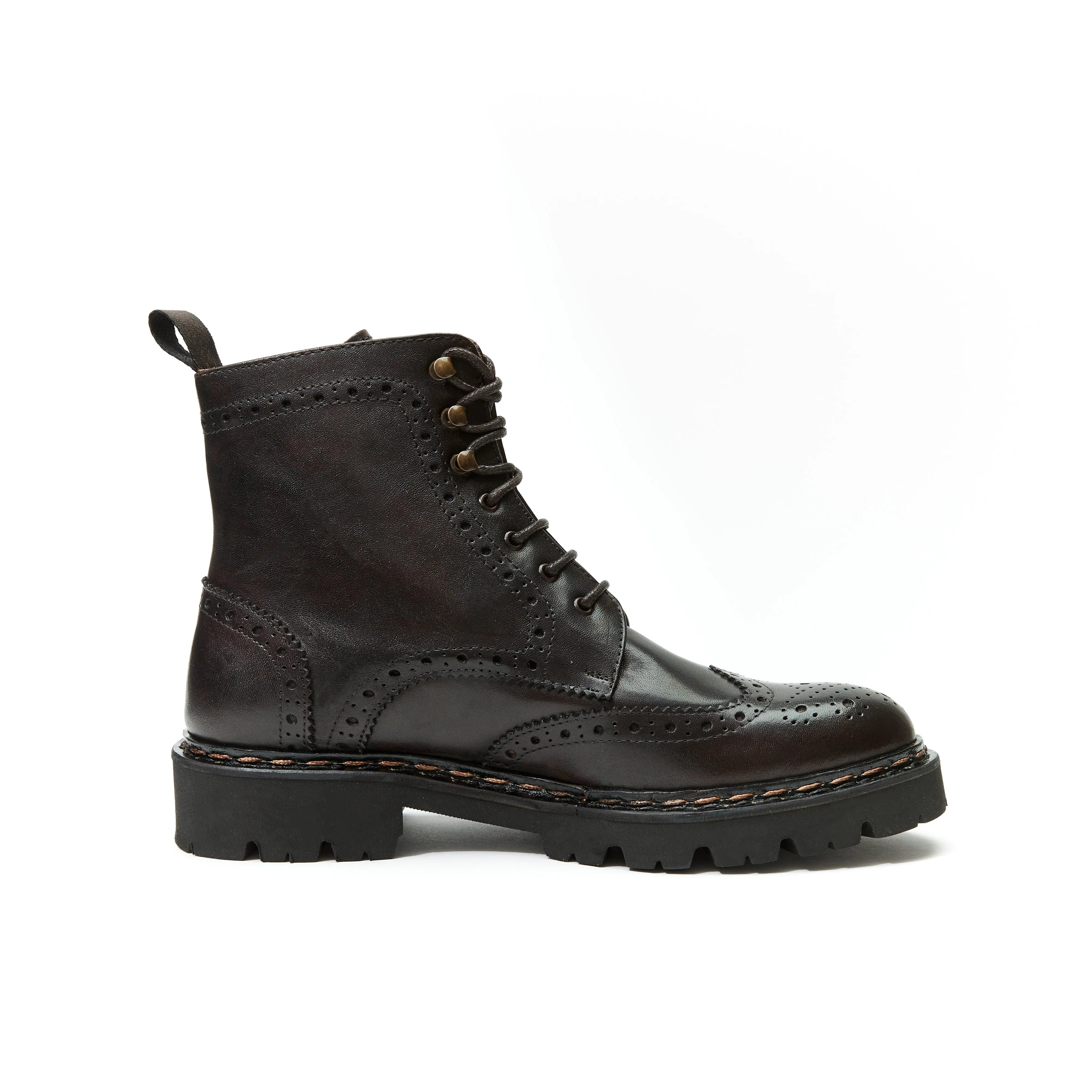 Wing tip derby boot dark brown