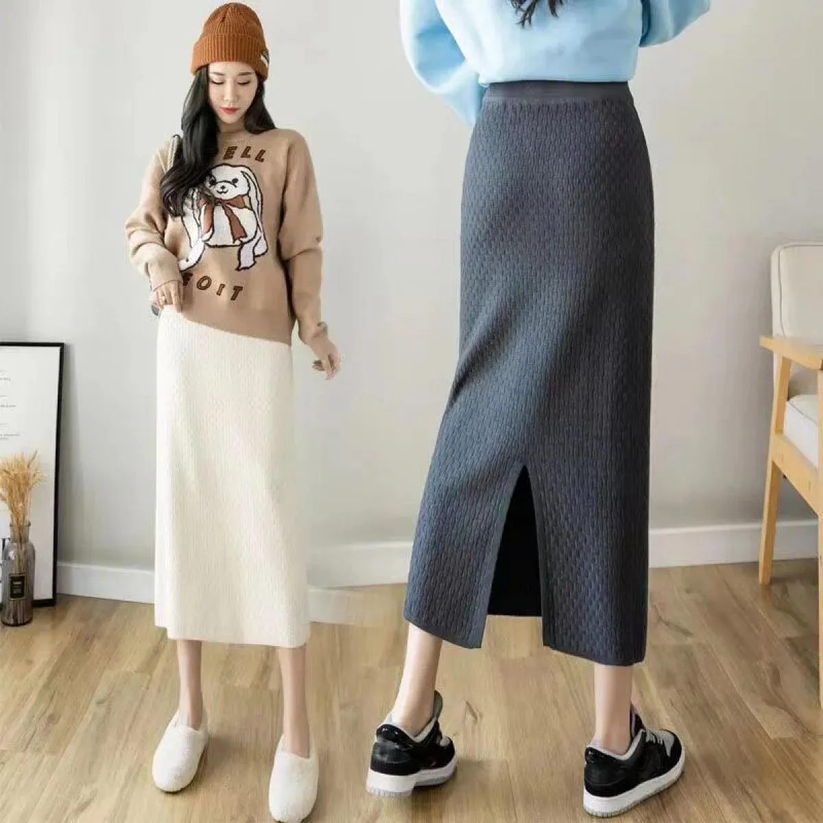 Xpqbb Gonna lunga divisa elegante Gonna dritta a vita alta moda donna Autunno inverno nuova gonna in morbida maglia addensata