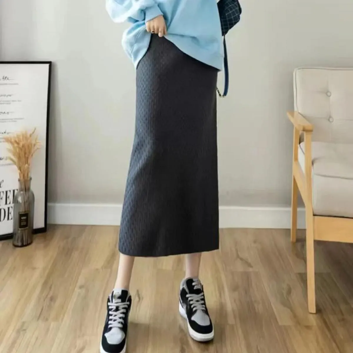 Xpqbb Gonna lunga divisa elegante Gonna dritta a vita alta moda donna Autunno inverno nuova gonna in morbida maglia addensata