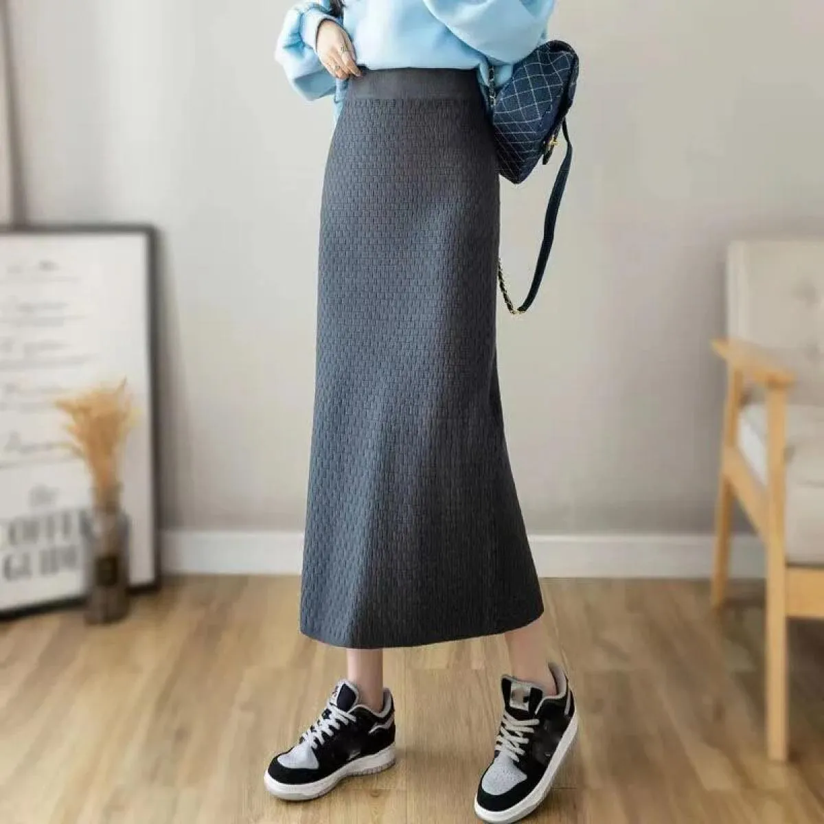 Xpqbb Gonna lunga divisa elegante Gonna dritta a vita alta moda donna Autunno inverno nuova gonna in morbida maglia addensata
