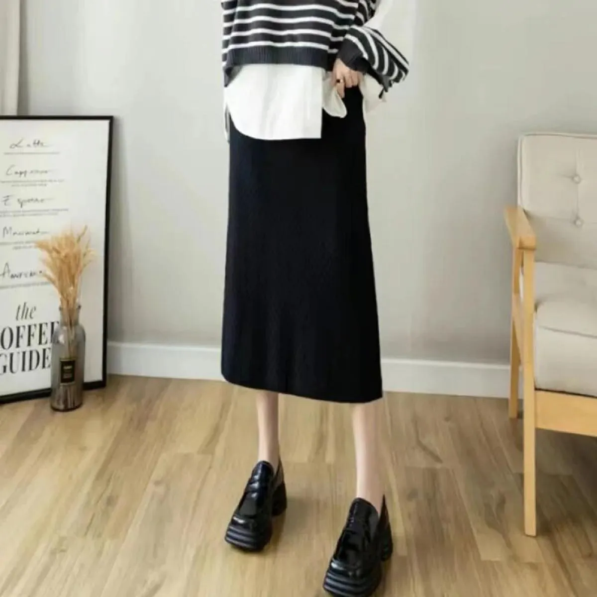 Xpqbb Gonna lunga divisa elegante Gonna dritta a vita alta moda donna Autunno inverno nuova gonna in morbida maglia addensata