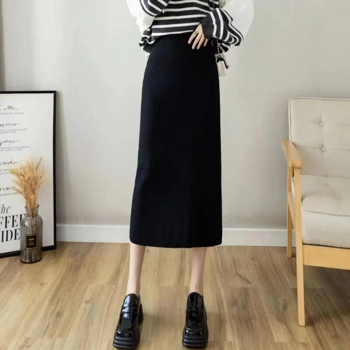 Xpqbb Gonna lunga divisa elegante Gonna dritta a vita alta moda donna Autunno inverno nuova gonna in morbida maglia addensata