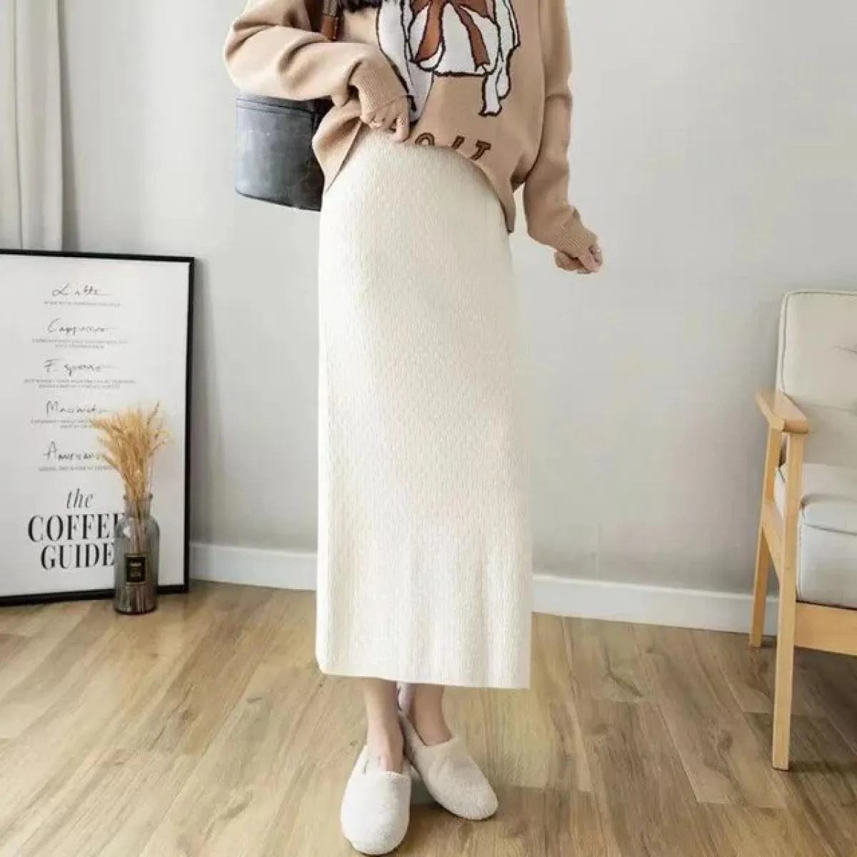 Xpqbb Gonna lunga divisa elegante Gonna dritta a vita alta moda donna Autunno inverno nuova gonna in morbida maglia addensata