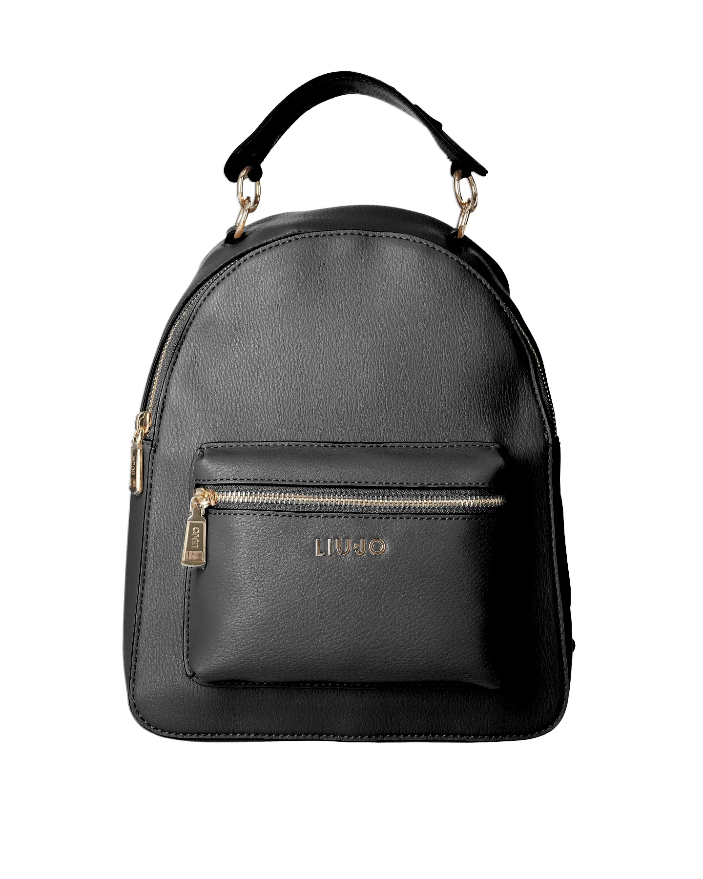 Zaino nero in similpelle con tasca esterna frontale con chiusura a cerniera e logo in metallo dorato
