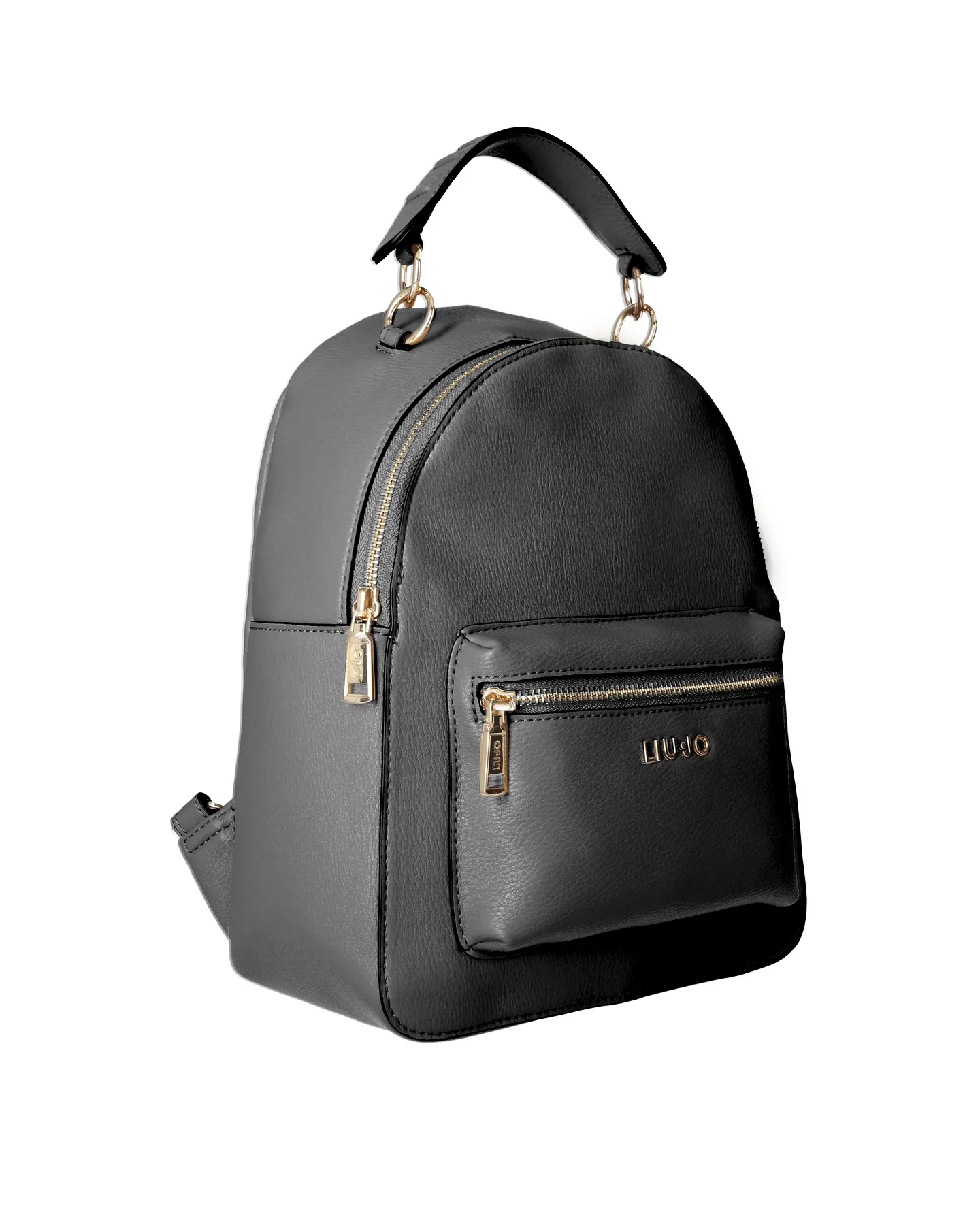 Zaino nero in similpelle con tasca esterna frontale con chiusura a cerniera e logo in metallo dorato