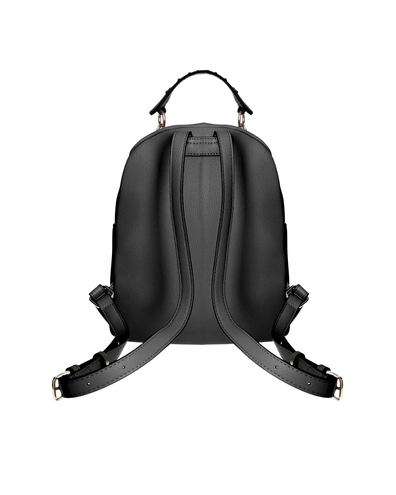 Zaino nero in similpelle con tasca esterna frontale con chiusura a cerniera e logo in metallo dorato